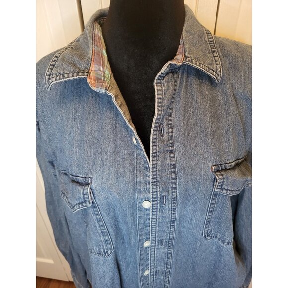 Vintage 90s Levi Strauss Denim Button Up Shirt Plaid XL Western Retro Cottage - Picture 3 of 8